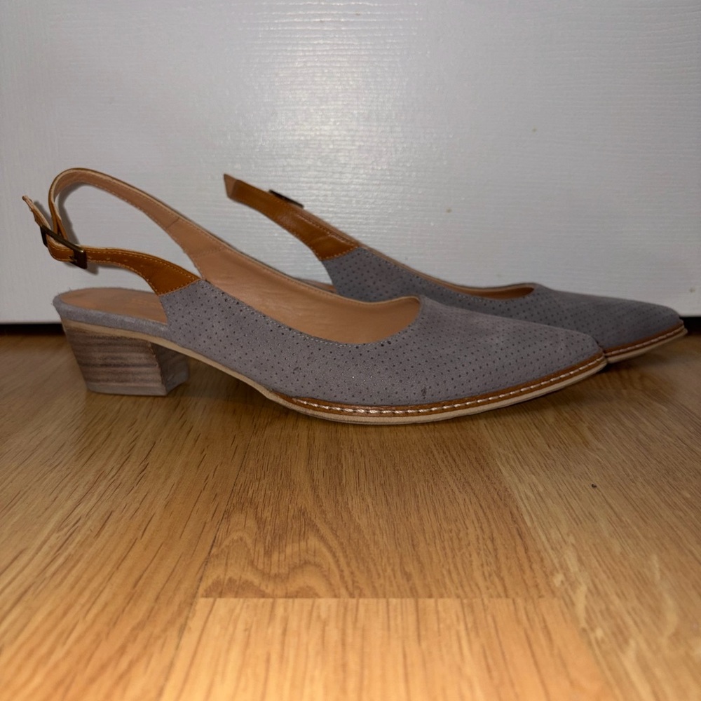 Sundance Gray Suede Slingback Heels with Tan Accents